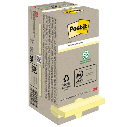 Béžová škatuľka Post-it® Recycling Notes (76x76 mm, 100 listov, 100% PEFC) od 3M Deutschland GmbH zobrazuje informácie o produkte, recyklačné symboly, PEFC certifikáciu a logo 3M. Žlté lepiace poznámky sú čiastočne viditeľné na dne.
