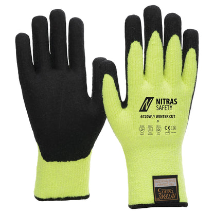NITRAS TAEKI WINTER CUT, ochranné rukavice proti porezaniu, neónovo žltá / čierna