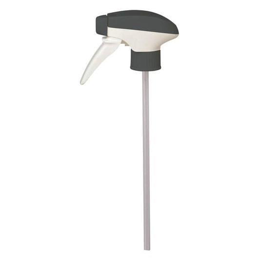 Der Room Care R4 Ersatzsprayer von Diversey Deutschland GmbH & Co. OHG, für R4 Möbelpflege, hat eine schwarz-weiße Düse mit einem langen, klaren Rohr. Verkauft als Karton (5 Packungen), abgebildet auf einfarbig weißem Hintergrund.