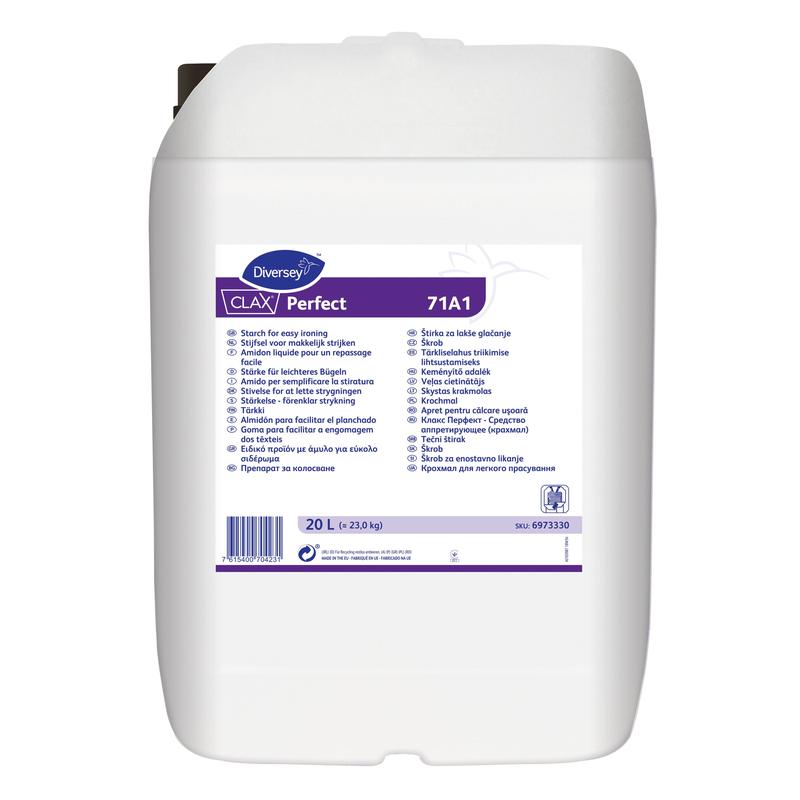 Biela 20-litrová plastová nádoba s nápisom "Diversey Deutschland GmbH & Co. OHG Clax Perfect 71A1, Prírodná tekutá škrob". Ideálna pre profesionálne čistenie textílií; etiketa obsahuje informácie v niekoľkých jazykoch a čiarový kód.