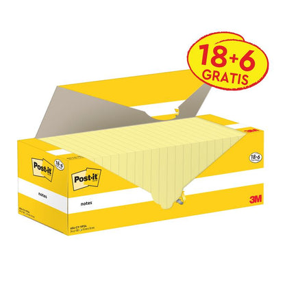 Čiastočne otvorená žltá škatuľka Post-it® Notes (76 mm x 76 mm, 100 listov/blok, 100% PEFC) od 3M Deutschland GmbH ukazuje obsah. Balenie je označené etiketou "18+6 ZDARMA" a logom 3M v pravom dolnom rohu.