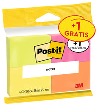 Eine Packung Post-it® Notes (3M Deutschland GmbH) in sortierten Neonfarben, 38 mm x 51 mm, 100 Blatt pro Block, 3 Blöcke +1 gratis pro Packung. PEFC-zertifiziertes Produkt SGSCH-PEFC-COC-110078. "3 Blöcke + 1 Gratis.