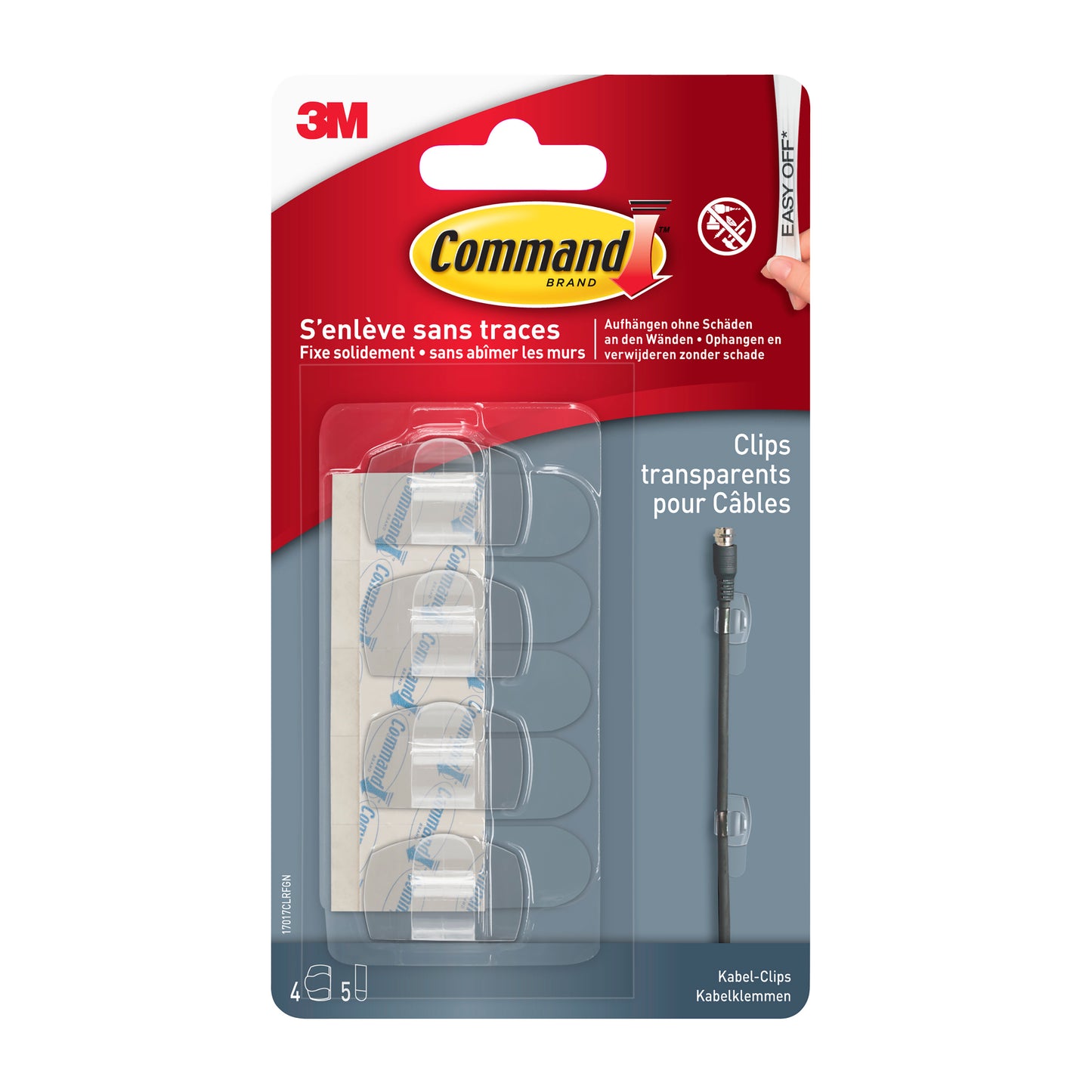 Zobrazené je balenie Command™ priehľadných klipov na okrúhle káble, 17017CLR od 3M Deutschland GmbH. Červené a priehľadné balenie obsahuje 4 klipy + 5 pásikov, s textom v angličtine, francúzštine a nemčine.