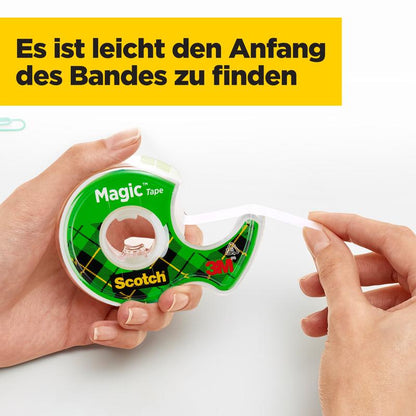 Ruka drží rolku Scotch® Magic™ Neviditeľná lepiaca páska 8-1925R3 od 3M Deutschland GmbH, pričom koniec pásky je zdvihnutý. V žltom boxe je nemecký text "Je ľahké nájsť začiatok pásky".