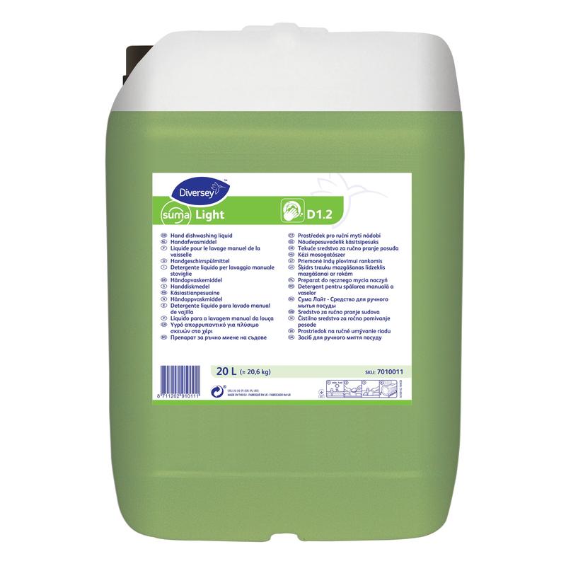 Pravouhlá 20-litrová nádoba so Suma Light D1.2 ručným umývacím prostriedkom od Diversey Deutschland GmbH & Co. OHG má zelené telo, biely uzáver a etiketu, ktorá v niekoľkých jazykoch popisuje efektívne odstraňovanie tuku a nečistôt pre čistý riad.