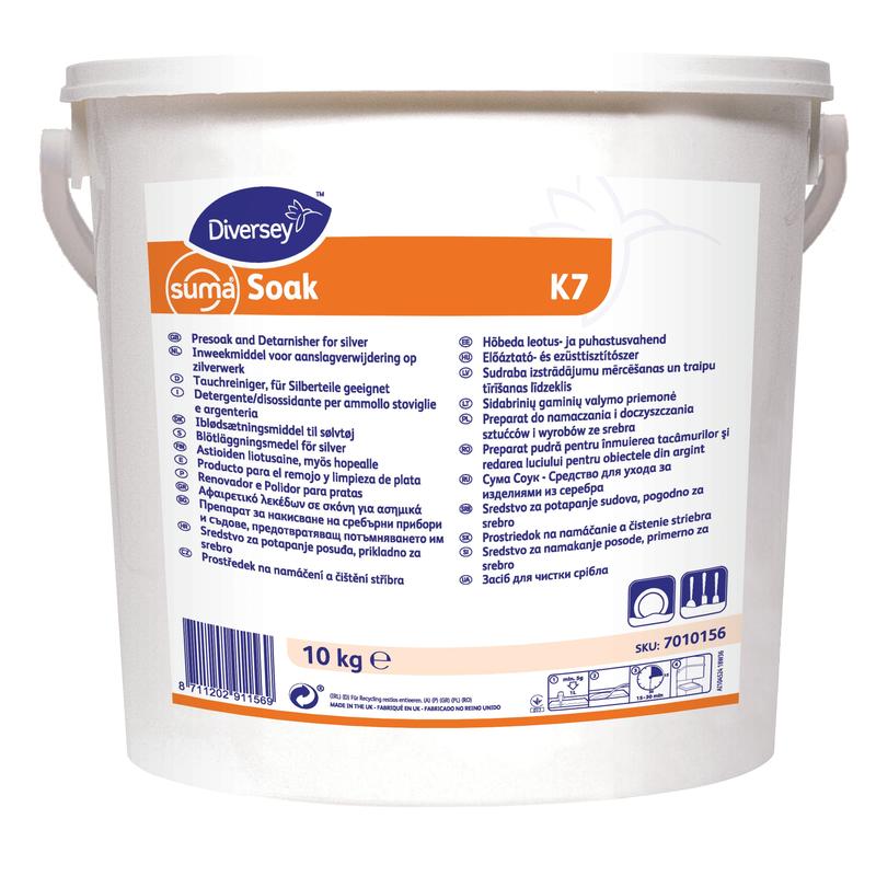 10 kg biely plastový vedro Diversey Suma Soak K7, práškový čistič na namáčanie príborov na strieborné diely, od Diversey Deutschland GmbH & Co. OHG. S viacjazyčným štítkom a rukoväťou.