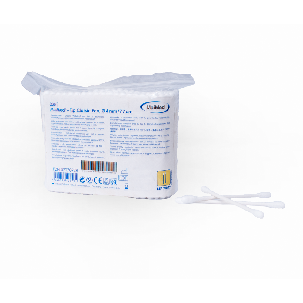 MaiMed -Tip Classic ECO (malá hlavička) nesterilné vatové tampóny, kartónová tyčinka, 200 kusov/vrecko | Balenie (200 kusov)