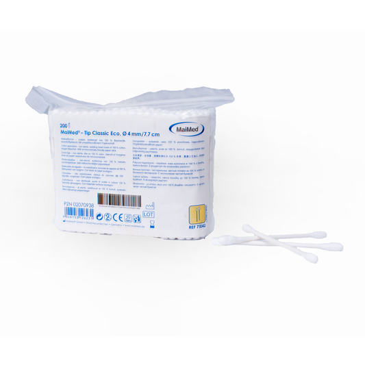 MaiMed -Tip Classic ECO (malá hlavička) nesterilné vatové tampóny, kartónová tyčinka, 200 kusov/vrecko | Balenie (200 kusov)