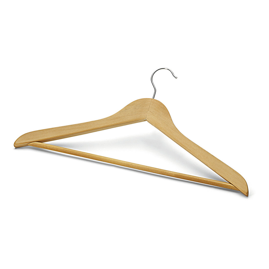 Ein Nölle Profi Brush Konfektionsbügel 45 cm aus Holz (12 mm) mit Steg von Nölle Profi Brush Bürsten- & Pinseltechnik e.K., liegt auf weißem Hintergrund und zeigt seine vollständige, leicht angewinkelte Dreiecksform.