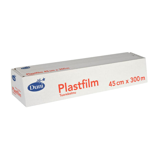 Ein rechteckiger weißer Karton mit der Aufschrift "Duni GmbH Frischhaltefolie Transparent PVC 300 m" mit blauer und roter Schrift, ideal zum Frischhalten von Lebensmitteln. Die 45 cm breite Rolle wird in einer Verpackung mit perforiertem Rand zur einfachen Entnahme geliefert.