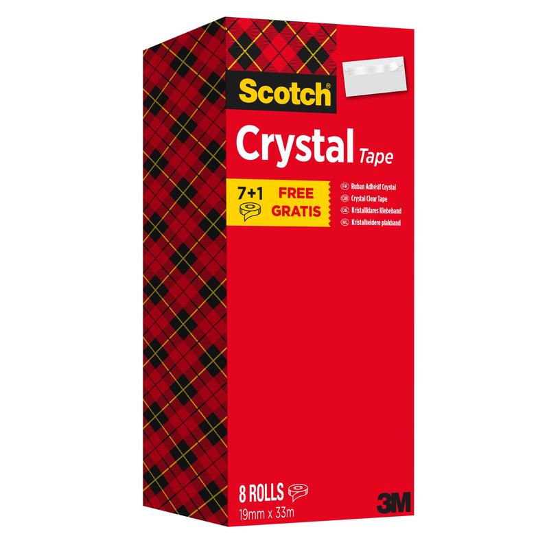 Škatuľa Scotch® Crystal lepiacej pásky od 3M Deutschland GmbH: priehľadná lepiaca páska, výhodné balenie s 8 rolkami (19 mm x 33 m), s "7+1 Free".