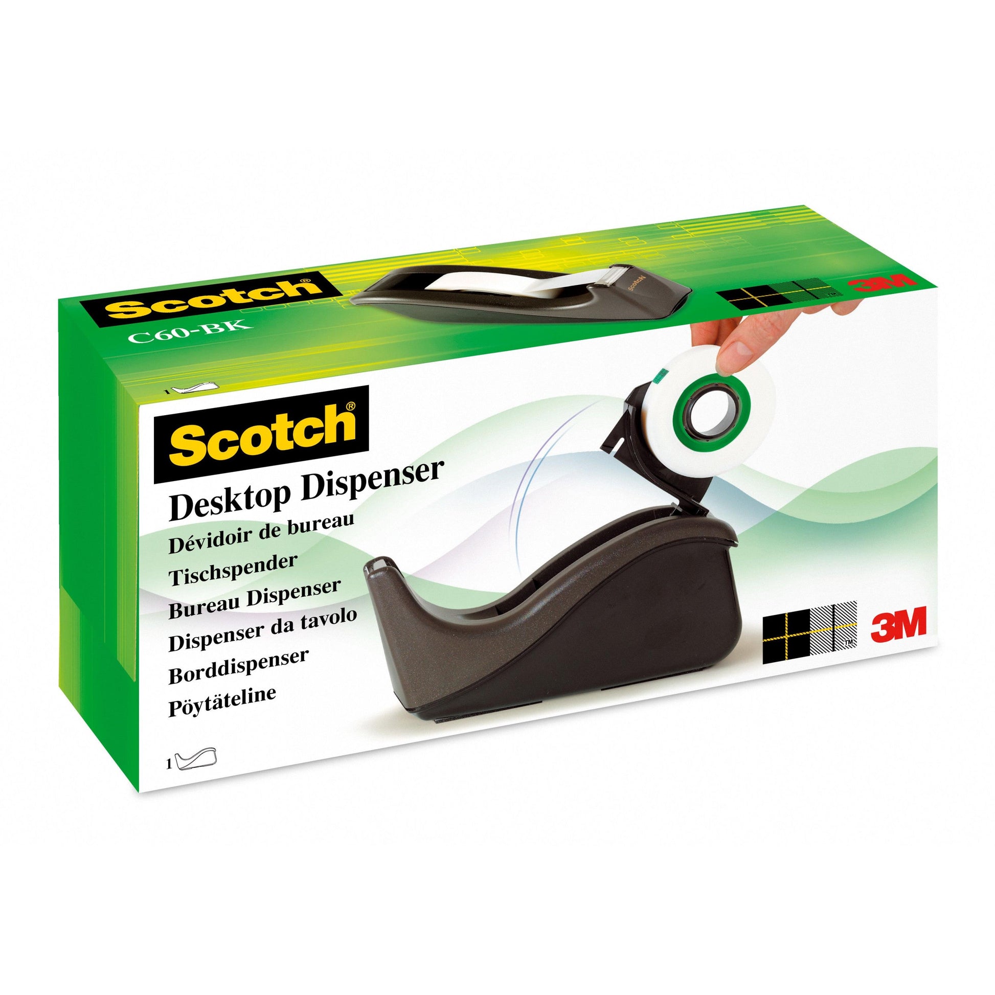 Eine Schachtel Scotch™ Klebeband-Abroller C60 + Scotch® Magic™ Unsichtbares Klebeband (19 mm x 33 mm) der 3M Deutschland GmbH zeigt einen schwarzen Klebebandabroller mit Klebeband, Angaben in mehreren Sprachen und dem 3M Logo unten rechts.