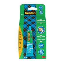 Eine 30 ml Tube Scotch® transparenter lösemittelfreier Kleber für den Haushalt von 3M Deutschland GmbH in blauer und grüner Verpackung, geeignet für Holz, Papier, Stoff und Karton. Transparent und lösungsmittelfrei.