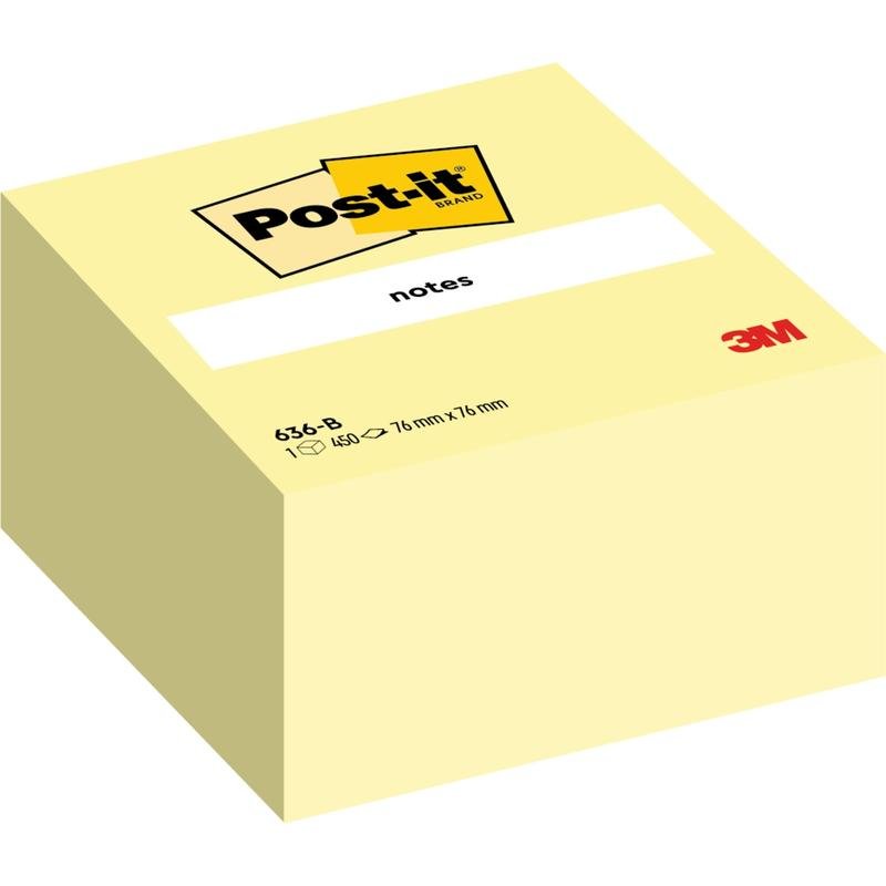 Post-it® Notes kocka 636-B od 3M Deutschland je samolepiaci poznámkový blok (žltý, 76 x 76 mm, 450 listov) s výraznou potlačou "notes" na obálke, certifikovaný PEFC a opatrený logom Post-it.
