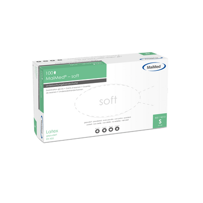 Mäkké latexové vyšetrovacie rukavice MaiMed, nesterilné, práškové, 100 kusov/krabička