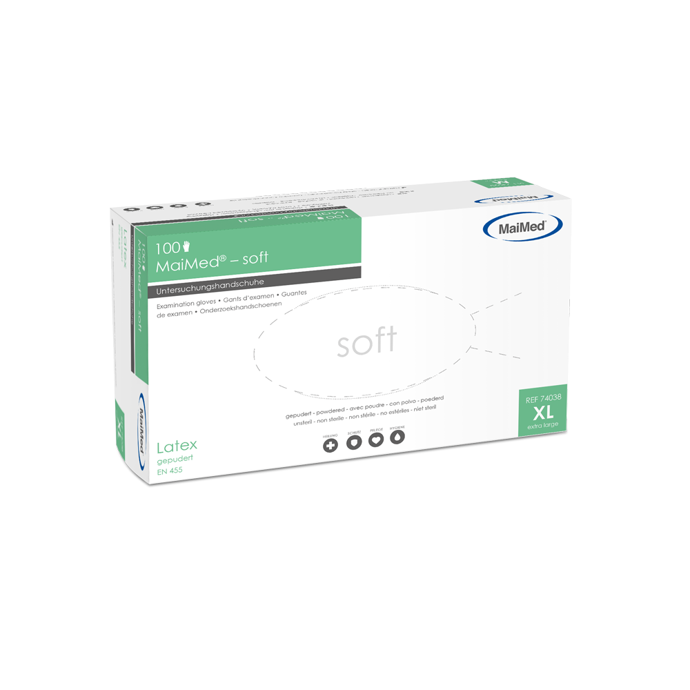 Mäkké latexové vyšetrovacie rukavice MaiMed, nesterilné, práškové, 100 kusov/krabička