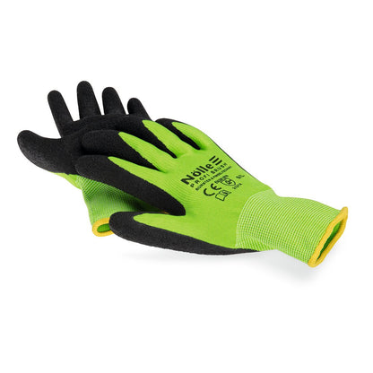 Pár zelených Nölle Profi Brush Soft-Grip rukavíc Prestige pracovné rukavice od Nölle Profi Brush Bürsten- & Pinseltechnik e.K. s čiernymi gumovými dlaňami, bezpečnostnými značkami a žltým lemovaním na zápästí - ideálne pre profesionálne čistiace práce.