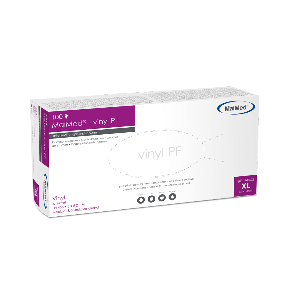 MaiMed-vinyl PF, nesterilné, bezpudrové vinylové vyšetrovacie rukavice, 100 kusov/krabička