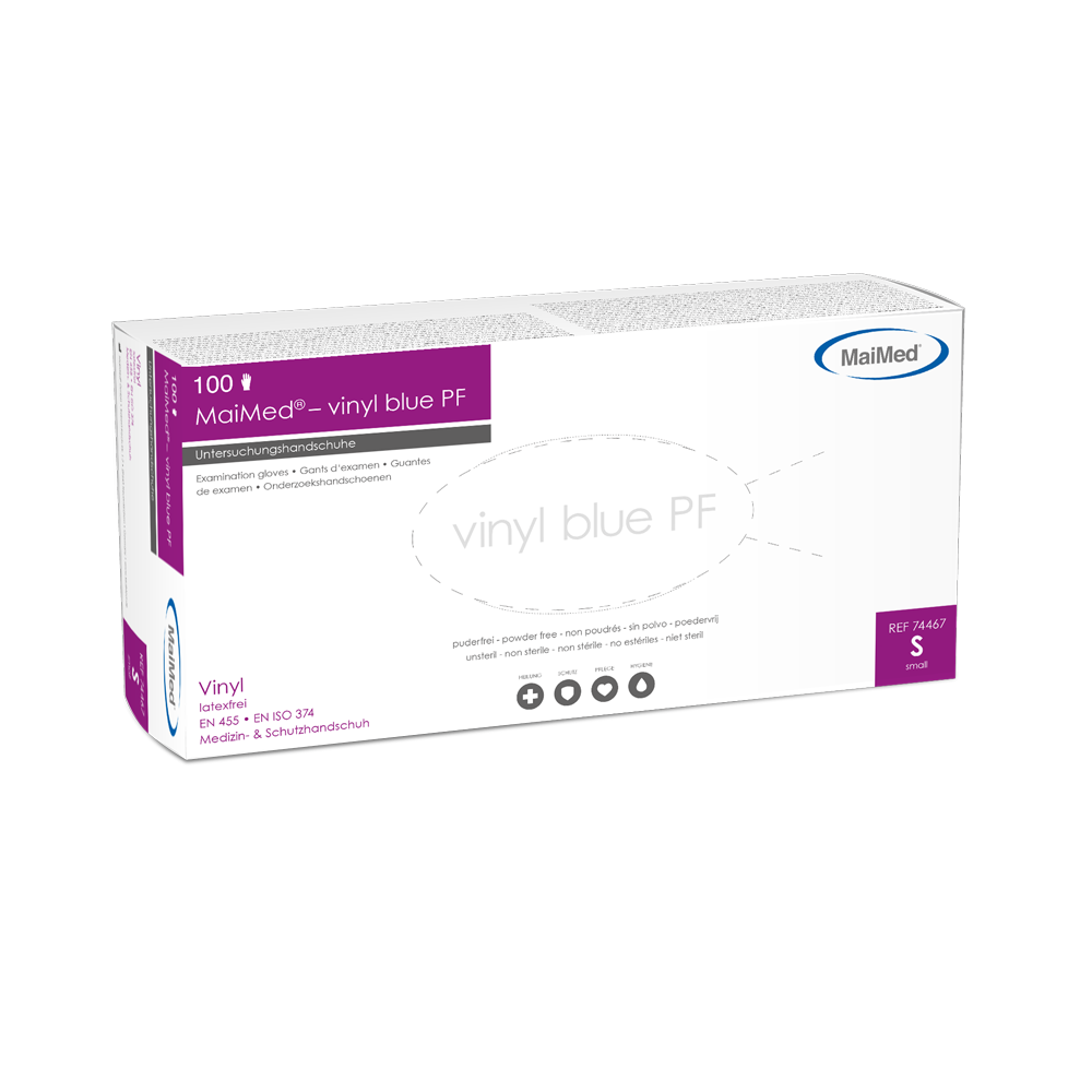 MaiMed-vinylové modré PF, nesterilné, bezpudrové vinylové vyšetrovacie rukavice 100 kusov/bal.