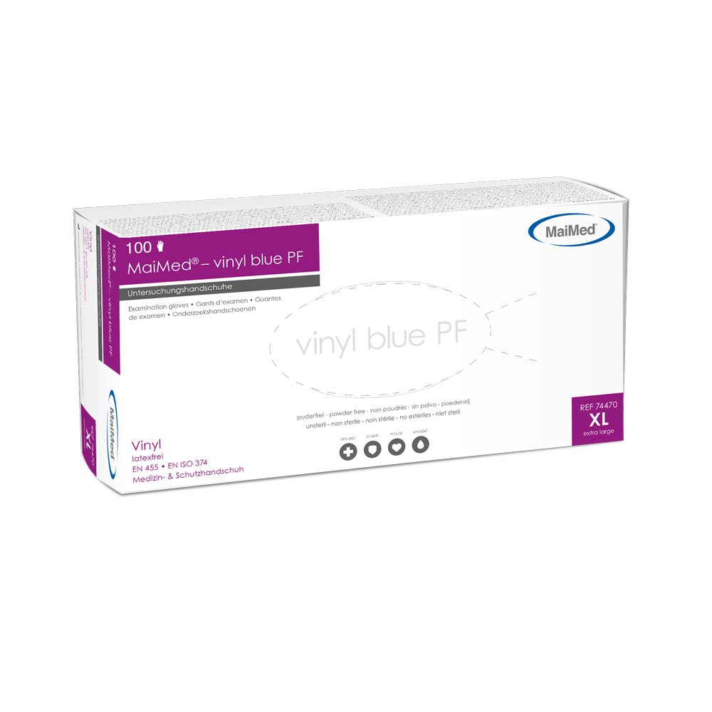 MaiMed-vinylové modré PF, nesterilné, bezpudrové vinylové vyšetrovacie rukavice 100 kusov/bal.
