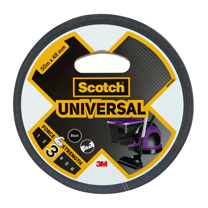 Kotúč Scotch® Univerzálnej lepiacej pásky 2904 od 3M Deutschland GmbH, 50 m x 48 mm, čierny. Obal ukazuje silu 3/6 a zobrazuje obrázky vysávača a iných zariadení.