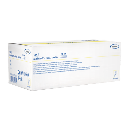 MaiMed - HMS sterilný drevený stláčač úst, dĺžka 15 cm, 100x1 ks. sterilne balené | Krabička (100 kusov)