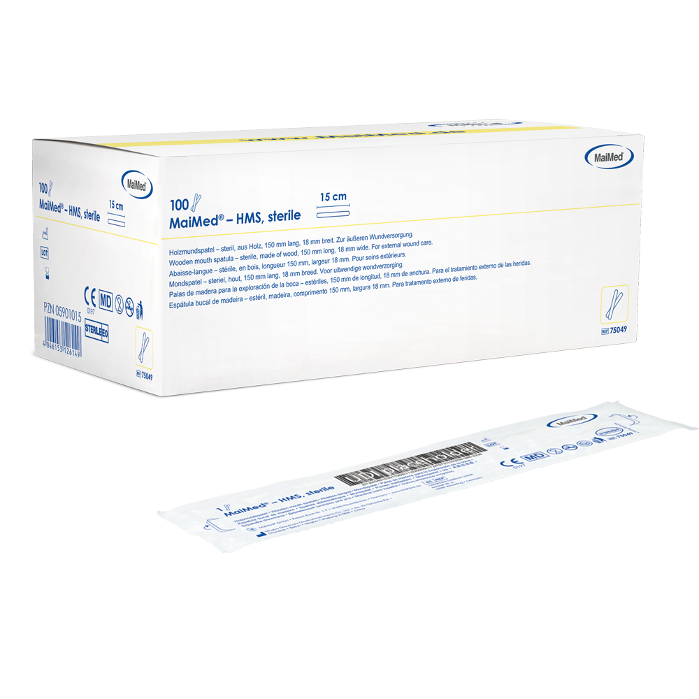 MaiMed - HMS sterilný drevený stláčač úst, dĺžka 15 cm, 100x1 ks. sterilne balené | Krabička (100 kusov)
