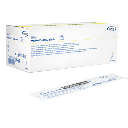 MaiMed - HMS sterilný drevený stláčač úst, dĺžka 15 cm, 100x1 ks. sterilne balené | Krabička (100 kusov)