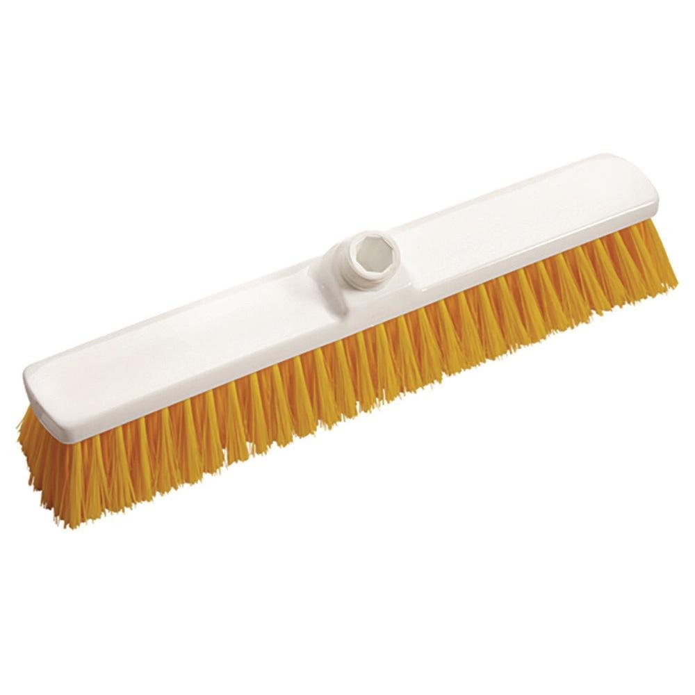 Dvorová metla 400x60x50 mm, stredne tvrdá od Diversey Deutschland GmbH & Co. OHG má husto zabalené žlté štetiny a otvor so závitom na upevnenie násady – ideálna na čistenie vonkajších priestorov, zobrazená na jednoduchom bielom pozadí.