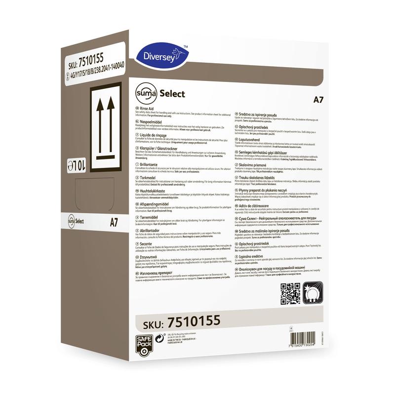 Obdĺžniková škatuľa s nápisom „Suma Select A7 – neutrálny oplachovač“ od Diversey Deutschland GmbH & Co. OHG s podrobnosťami o produkte, pokynmi na použitie, bezpečnostnými symbolmi, čiarovým kódom, viacjazyčnými informáciami a SKU 7510155.