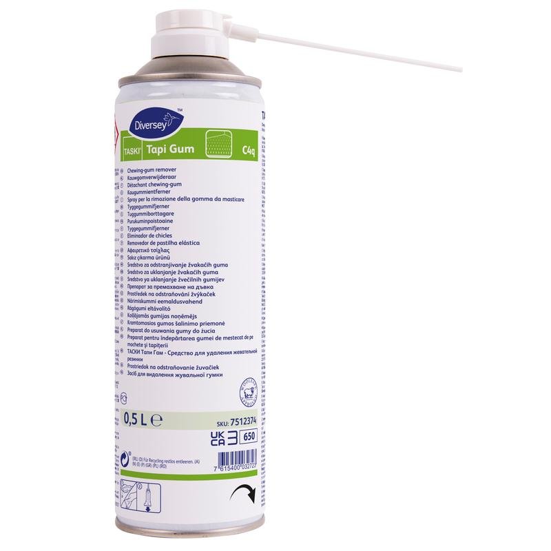 500 ml plechovka TASKI Tapi Gum odstraňovač žuvačiek od Diversey Deutschland GmbH & Co. OHG, kompletná so sprejovou hlavicou a viacjazyčným návodom, stojí na bielom pozadí - ideálna na odstránenie žuvačiek z podláh a iných povrchov.