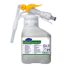 1,5-litrová nádoba z bieleho plastu s TASKI Jontec Tensol vysokokoncentrovaným čističom od Diversey Deutschland GmbH & Co. OHG, so žltou striekacou tryskou a etiketou s podrobnosťami o produkte a návodom na použitie.