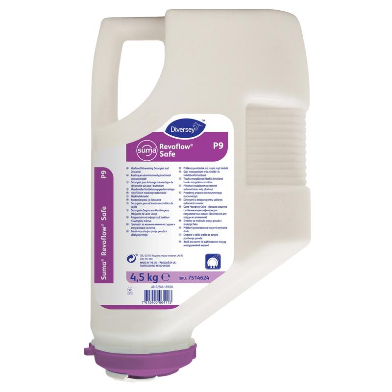 Biela 4,5 kg kartuša Suma Revoflow Safe P9, bezpečný čistič na hliník od Diversey Deutschland GmbH & Co. OHG má fialový uzáver a etiketu s produktovými informáciami a pokynmi na efektívne čistenie na prednej strane.