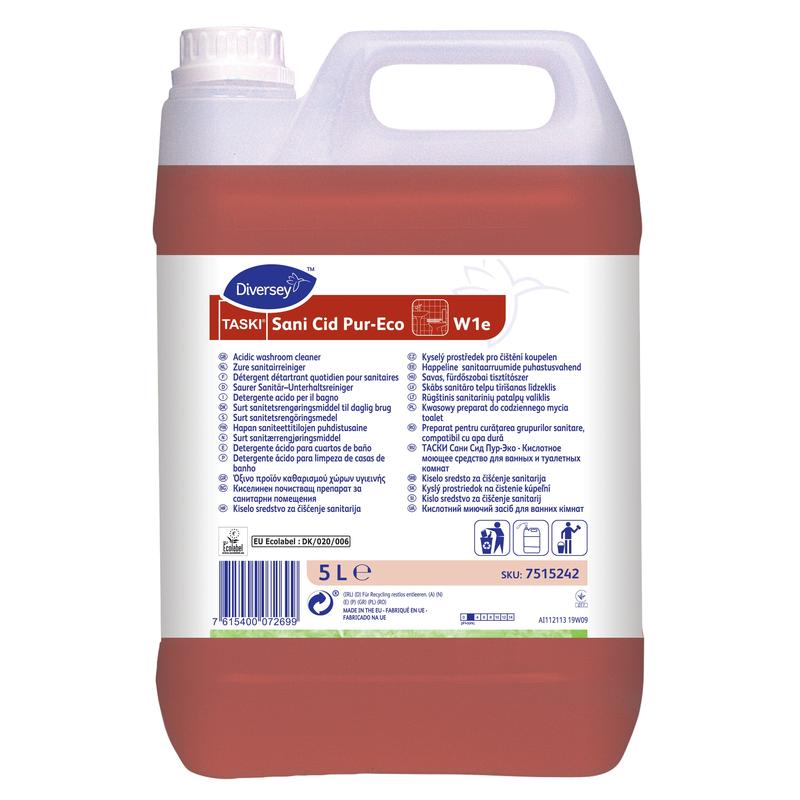5L kanister TASKI Sani Cid Pur-Eco sanitárny údržbový čistič od Diversey Deutschland, s prírodnou kyselinou citrónovou, bielou rukoväťou/viečkom, viacjazyčnou etiketou, červenou tekutinou a certifikáciou EU pre životné prostredie.