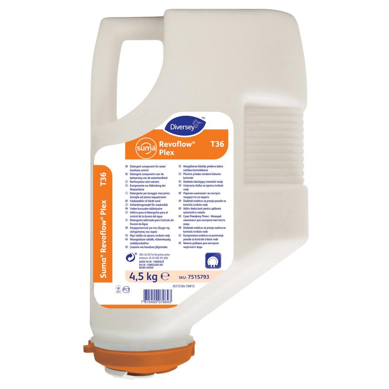 Kazeta na viazanie tvrdosti vody Suma Revoflow Plex T36 s hmotnosťou 4,5 kg od spoločnosti Diversey Deutschland GmbH & Co. OHG, s oranžovou etiketou a uzáverom, zobrazuje produktové informácie a branding vertikálne na viditeľnej strane.