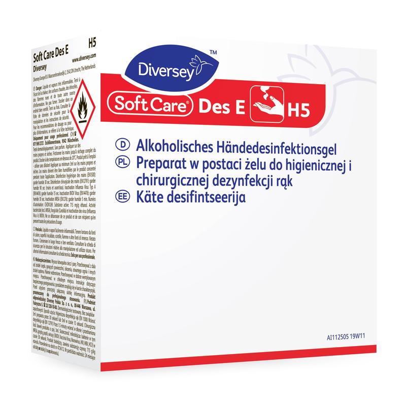 Krabica od Diversey Deutschland GmbH & Co. OHG Soft Care Des E H5 gelový dezinfekčný prostriedok na ruky uvedený v zozname VAH s návodom na použitie v nemčine, poľštine a estónčine, symbolmi nebezpečenstva a pokynmi na použitie pre efektívne čistenie.