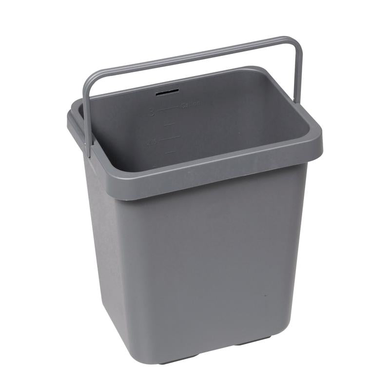 Šedé plastové vedro TASKI 12 litrov od Diversey Deutschland GmbH & Co. OHG, s rukoväťou a vnútornou meracou značkou, je zobrazené prázdne na bielom pozadí. Kompatibilné s držiakom na utierky 7517270 alebo 7517371. Balenie: 1 kus.