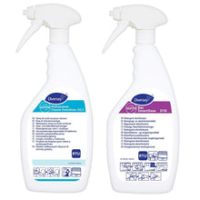 Dve biele prázdne fľaše pre Suma SmartDose D2.3 a Suma Bac D10 (750 ml, Diversey Deutschland) s modrými etiketami a jasnými pokynmi sú zobrazené; vľavo D2.3, vpravo Bac D10. Kartón obsahuje 6 fliaš s príslušnými etiketami.
