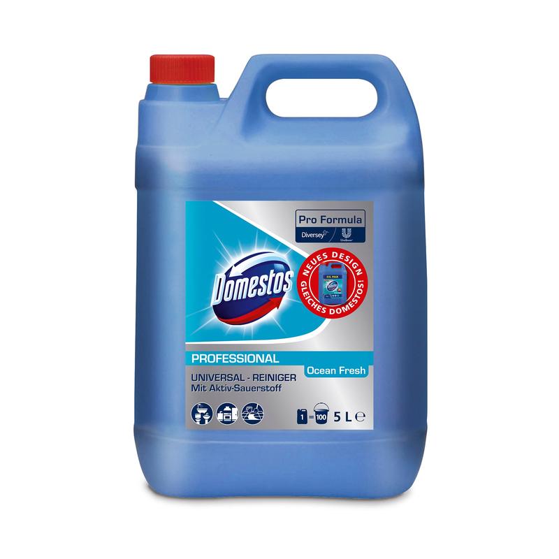Modrý 5L plastový kanister DOMESTOS Professional Ocean Fresh univerzálny čistič s aktívnym kyslíkom od Diversey Deutschland, s červeným vekom a rukoväťou, je vybavený viacjazyčnou etiketou s informáciami o čistení a značkou.