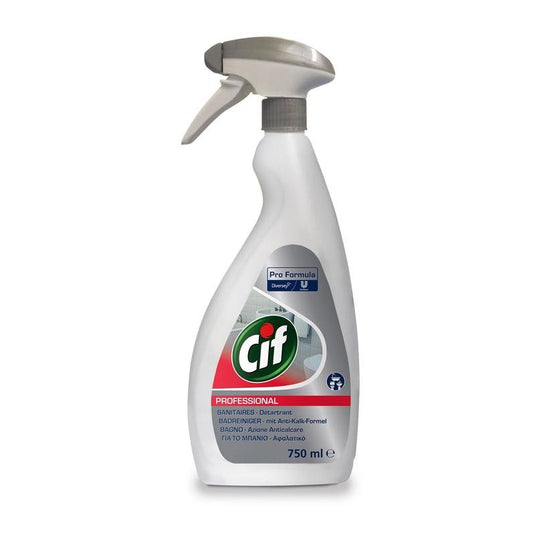 750 ml biela fľaša s rozprašovačom Cif Professional – čistič kúpeľní od spoločnosti Diversey Deutschland GmbH & Co. OHG, so sivou tryskou a etiketou, s funkciou 2 v 1 – čistenie a odstraňovanie vodného kameňa – pre účinné odstránenie vodného kameňa a čistenie kúpeľne.