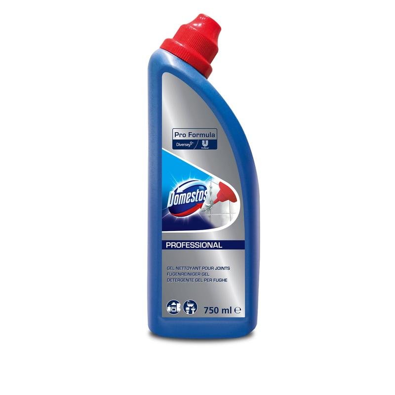 Fľaša DOMESTOS Professional čistič škár a odstraňovač plesní od Diversey Deutschland GmbH & Co. OHG s objemom 750 ml je modrá fľaša s červeným uzáverom, určená na profesionálne použitie, s informáciami o produkte a značke na etikete.
