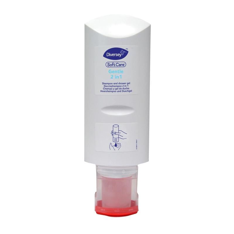 Biela 300 ml fľaša Soft Care Gentle 2v1 sprchového gélu a šampónu od Diversey Deutschland GmbH & Co. OHG, s červeným uzáverom, je zobrazená hore dnom. Predný štítok a upozornenie na jemnú formulu sú viditeľné.