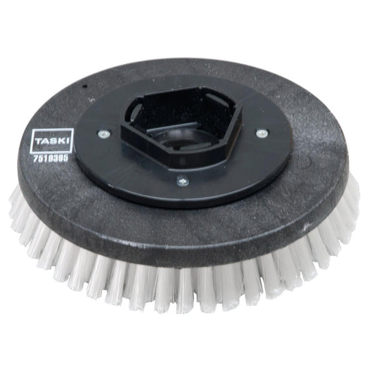 Kruhová čierna plastová kefa na drhnutie z nylonu (28 cm) od spoločnosti Diversey Deutschland GmbH & Co. OHG, s tuhými bielymi štetinami, vhodná pre modely swingo 955/1255/2100/5000 na dôkladné čistenie – štandardná kefa na drhnutie, 1 kus v balení.