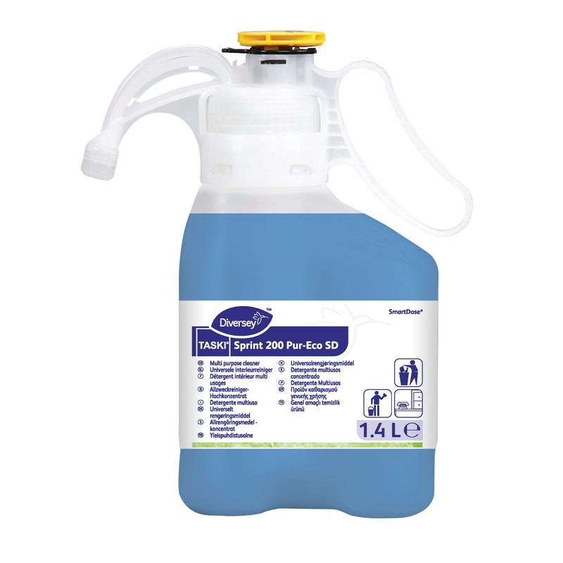 Eine 1,4L Flasche Diversey TASKI Sprint 200 Pur-Eco, ein neutraler, streifenfreier Oberflächenreiniger mit EU-Öko-Zertifizierung der Diversey Deutschland GmbH & Co. OHG, blaue Flüssigkeit, Messmarkierungen, gelber Spenderverschluss und Infoetikett.