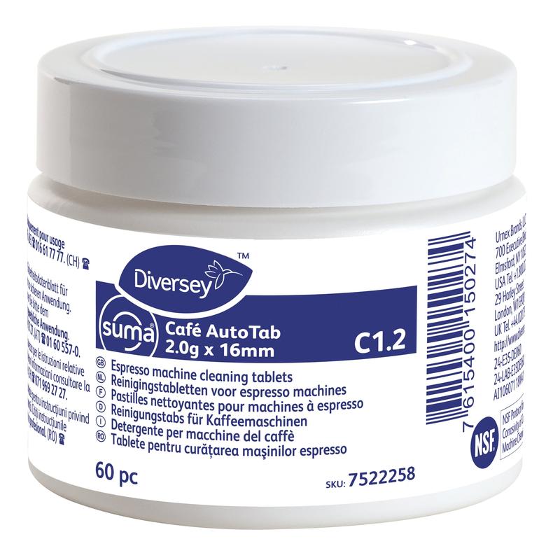 Biely plastový kontajner od Diversey Deutschland GmbH & Co. OHG s nápisom "Suma Café AutoTab čistiace tablety pre espresso stroje 60 ks" obsahuje 60 tabliet na odstránenie kávových tukov/olejov a na predĺženie životnosti stroja, s viacjazyčnými údajmi na modro-bielom štítku.