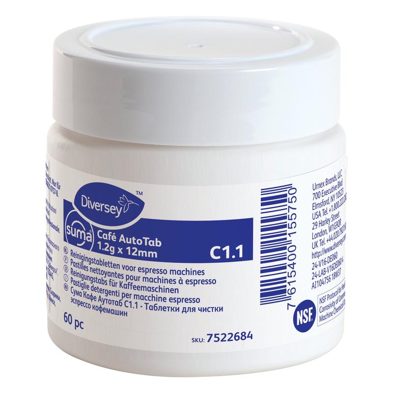 Biely plastový kontajner Diversey Deutschland GmbH & Co. OHG s nápisom "Suma Café AutoTab čistiace tablety pre espresso stroje 60 ks" odstraňuje kávové tuky a oleje a predlžuje životnosť stroja. Vrátane viacjazyčného štítku.