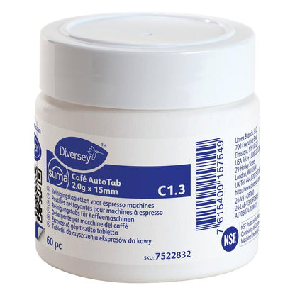 Biela plastová dóza "Suma Café AutoTab čistiace tablety pre espresso stroje 60 ks" od Diversey Deutschland GmbH & Co. OHG, odstraňuje kávové oleje a predlžuje životnosť stroja; štítok má viacjazyčné údaje a čiarový kód.