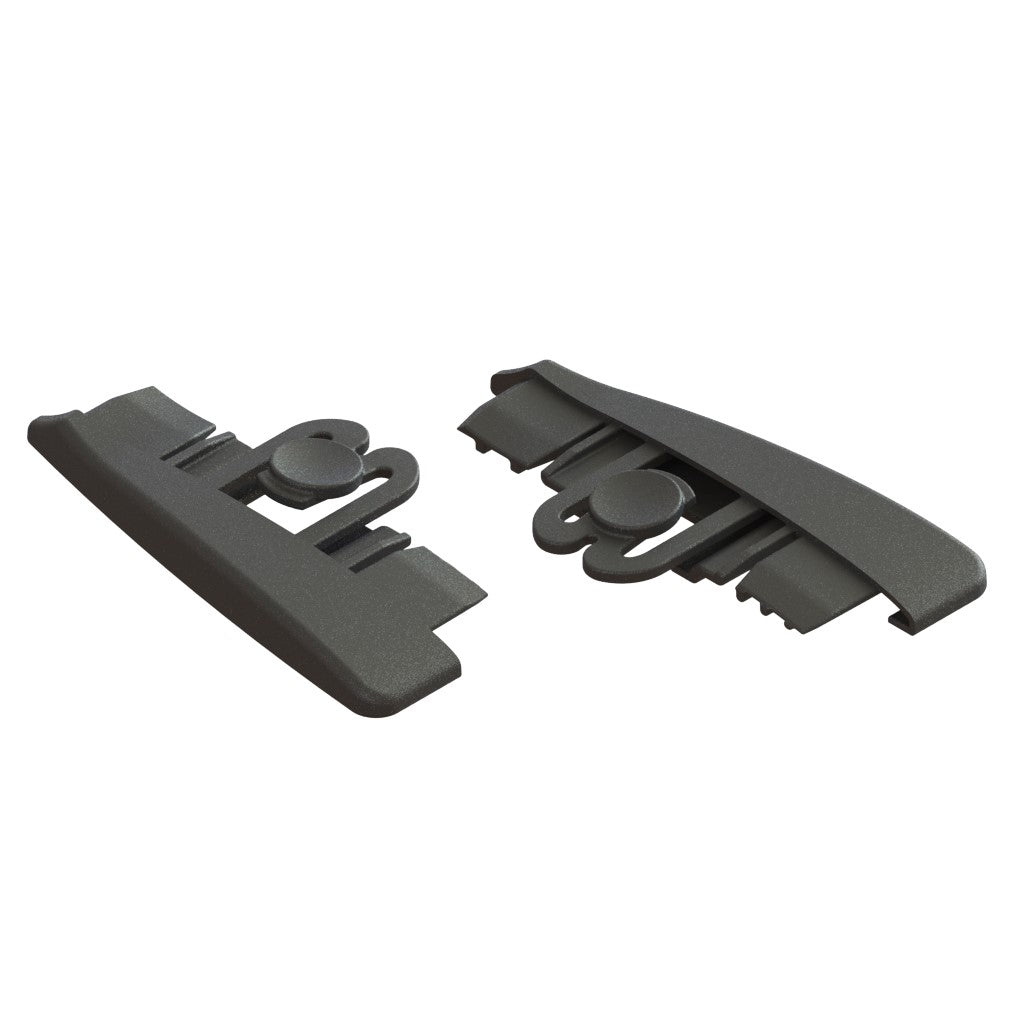 Zwei schwarze Jonmaster UltraPlus Endkappen L/R aus Kunststoff von Diversey Deutschland GmbH & Co. OHG, verwendet als Ersatzkappen für den UltraPlus Mopp-Halter, dargestellt mit abgerundeten Kanten und Verriegelungsmechanismen auf weißem Hintergrund (2 Packungen/Karton).