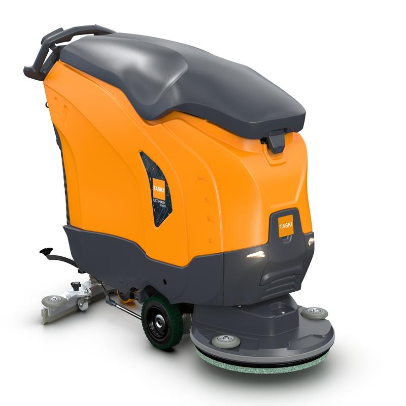 TASKI ULTIMAXX 2900 SD50 od Diversey Deutschland je umývací stroj novej generácie s pohonom na kolesá, 63L nádržou, ovládacími rukoväťami a 50cm kotúčom. Jeho oranžovo/sivý dizajn má dve kolesá a robustný predný kartáč.