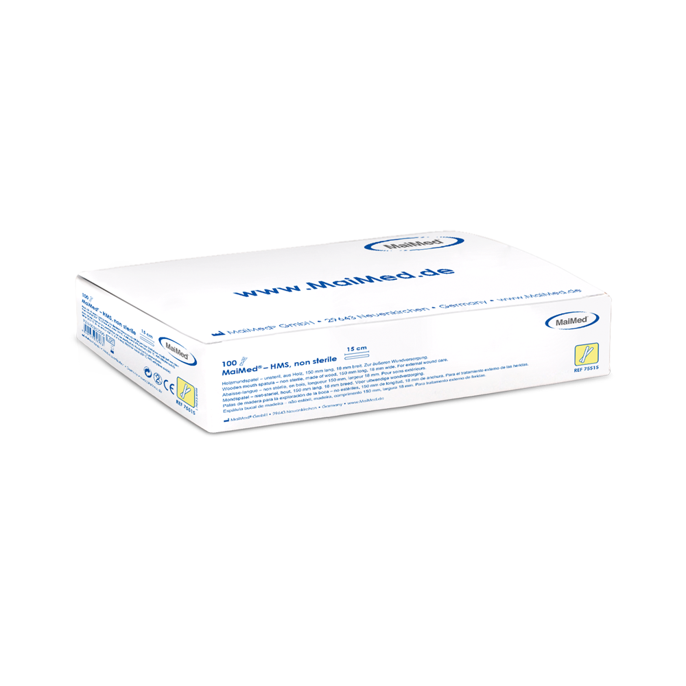 MaiMed - HMS drevený nesterilný stláčač úst, dĺžka 15 cm, 100 kusov/krabička | Krabička (100 kusov)